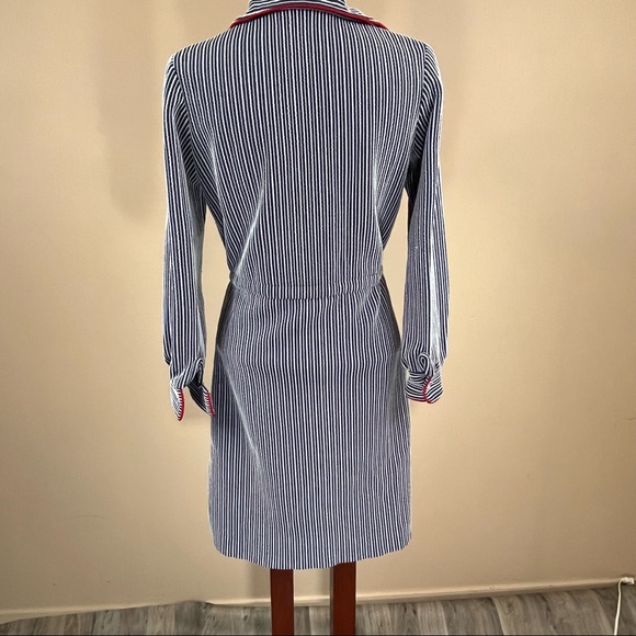 Vintage | Blue White Striped Long Sleeved Dress Red Piping - Picture 6 of 6